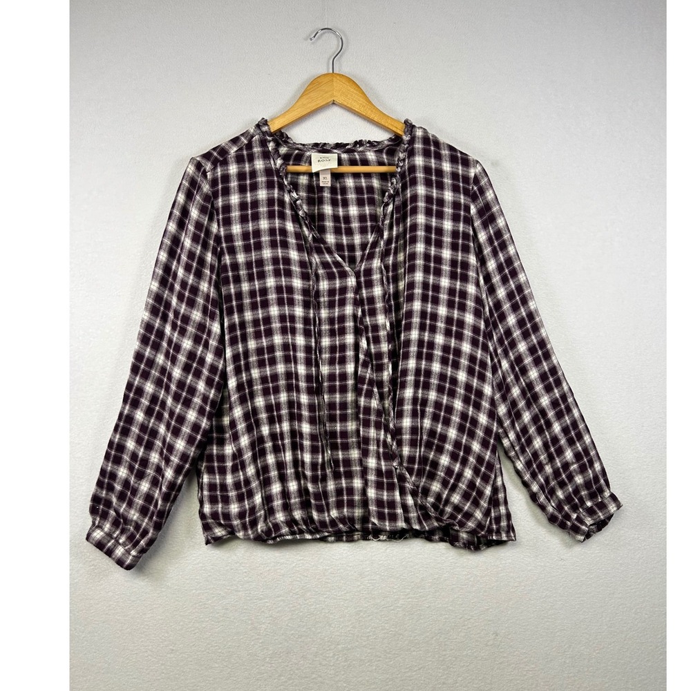 Knox Rose Womens Plaid V Neck Tie Front Long Sleeve Blouse Top XL